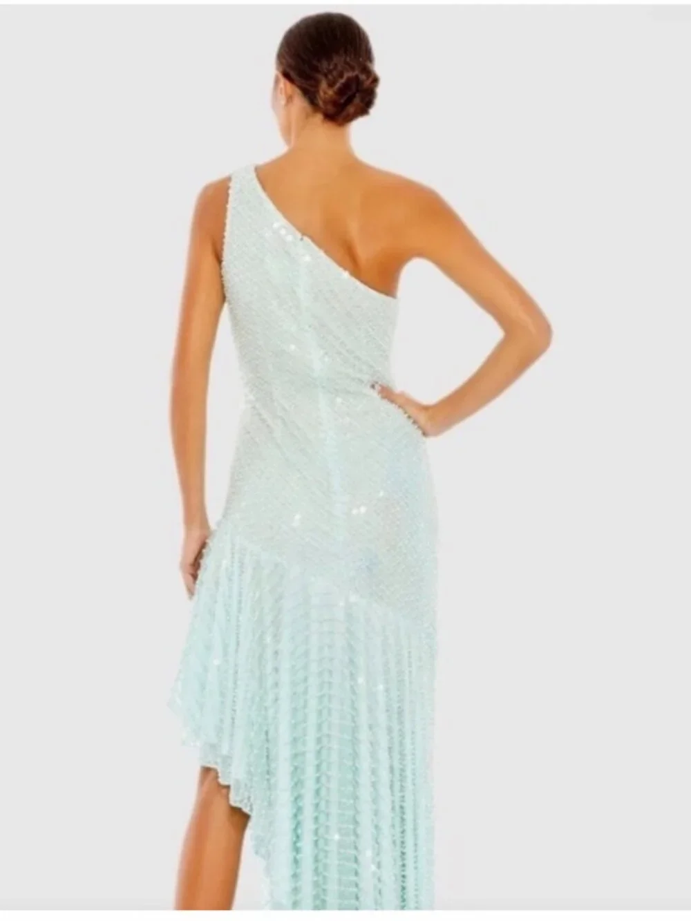 Mac Duggal One-Shoulder High-Low Sequin Dress in Light Aqua